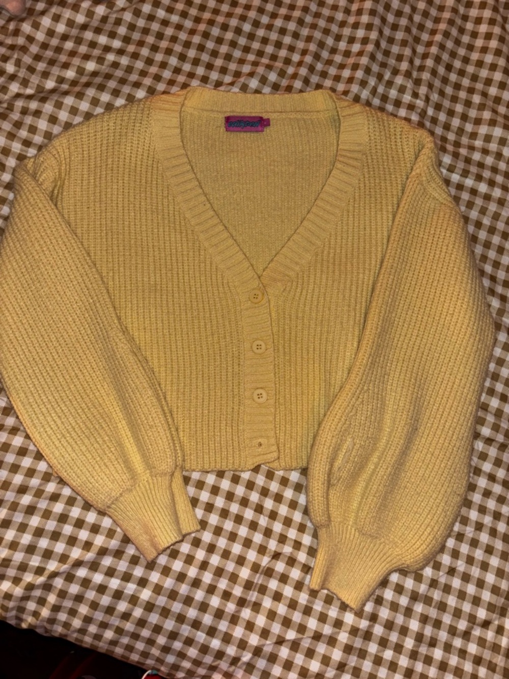Yellow V-Neck Cropped Button Sweater